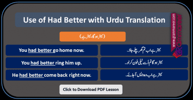 Had Better Usage with Urdu Translation examples sentences of daily use for practice. Use of Had better, Had better meanings, Had better in Urdu, English Grammar Lessons in Urdu, English Grammar PDF, English Grammar with Urdu Translation