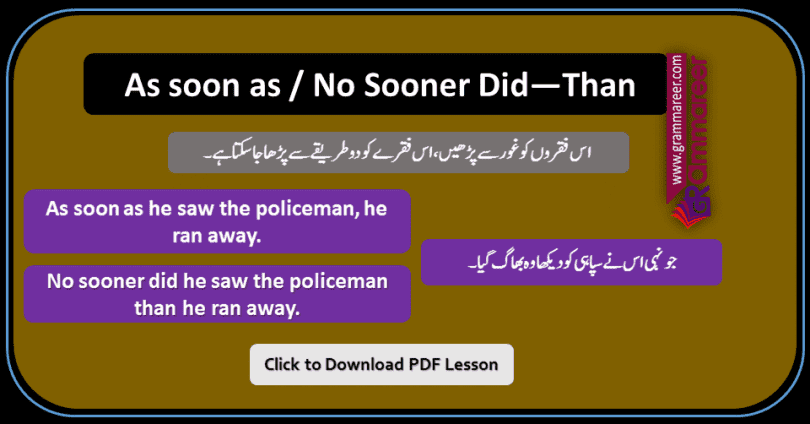 As Soon As and No Sooner Than Did in Urdu examples sentences of daily use for practice. As soon as in Urdu, No sooner than did in Urdu, English Grammar Lessons in Urdu, English Grammar PDF, English Grammar in Urdu