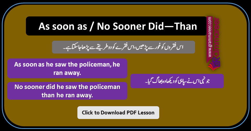 As Soon As And No Sooner Than Did With Urdu Translation Grammareer