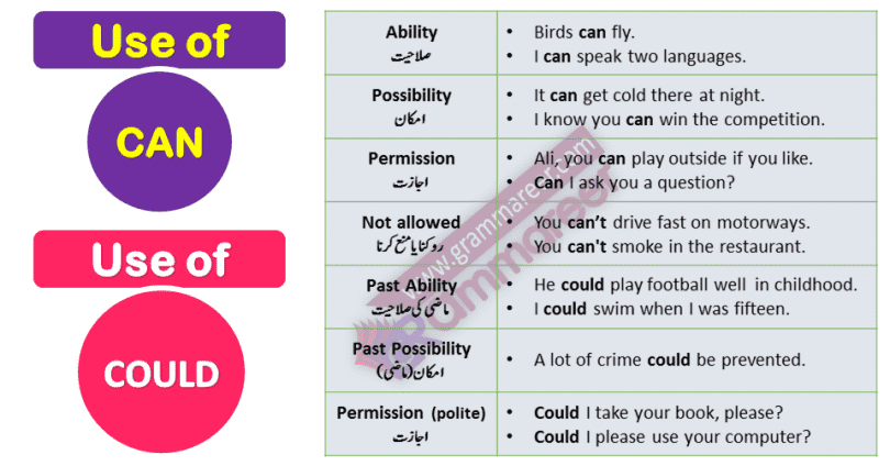 Use of CAN and Could in Urdu Examples PDF This basic English Grammar in Urdu lesson is about learning Use of Can and Could with Urdu translation and example sentences. English Grammar in Urdu examples, English speaking course in Urdu