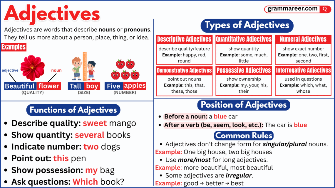 Examples of adjectives with types in English grammar