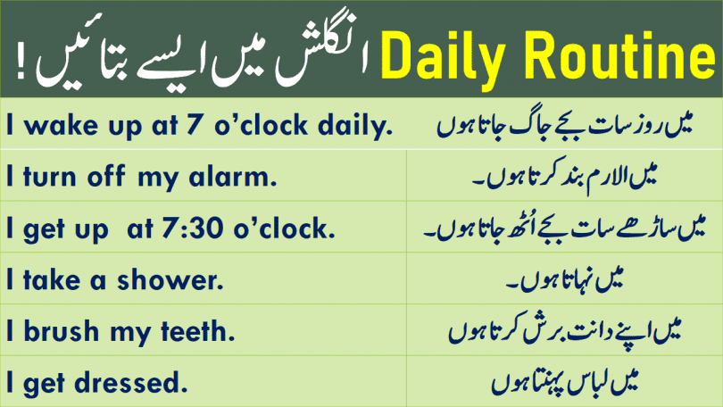 My Daily Routine in English with Urdu & Hindi Translation Learn 20 sentences to describe your daily routine activities in English with Urdu and Hindi translation.