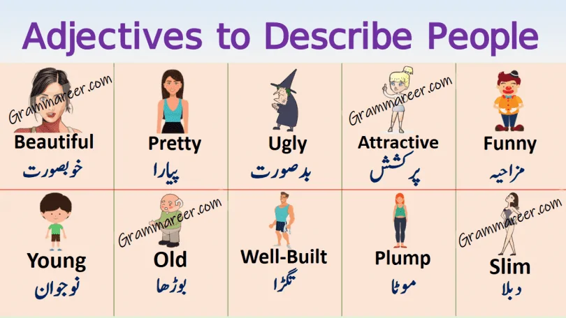 Adjectives to Describe People in Urdu or Hindi learn Adjectives for Describing General Appearance of a person adjectives to describe traits and characters in English with Urdu and Hindi Meanings for improving your English vocabulary fast.