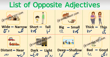 List of Opposite Adjectives in English with Urdu or Hindi learn opposite adjectives with their meanings in Urdu and Hindi for enhancing your English vocabulary.