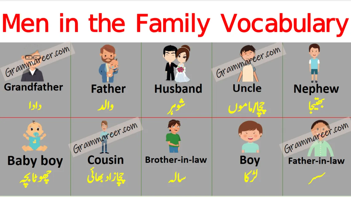 Men in the Family Vocabulary with Urdu Meanings learn male members names in family with Urdu and Hindi meanings for improving your English vocabulary.