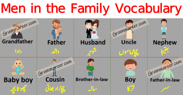 Men in the Family Vocabulary with Urdu Meanings learn male members names in family with Urdu and Hindi meanings for improving your English vocabulary.