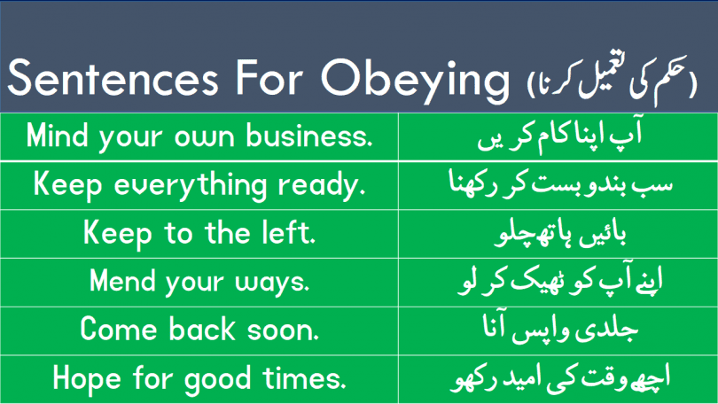 Sentences For Obeying the Order with Urdu Translation learn useful English sentences about obeying the order with Urdu and Hindi translation for improving your English speaking skills.