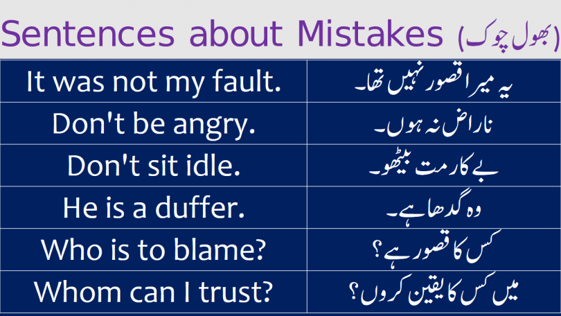 Sentences about Mistakes with Urdu Translation learn common English sentences to talk about mistakes in English with Urdu and Hindi translation for improving your English speaking skills.