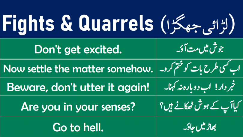 Sentences about Fights & Quarrels with Urdu learn English sentences for quarrels and fights with Urdu and Hindi translation for improving your English speaking skills.