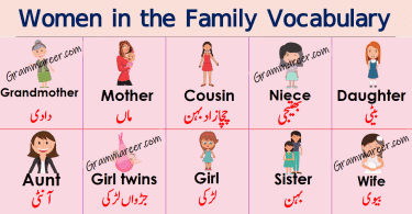 Women in the Family Vocabulary in Urdu or Hindi download PDF learn list of female members name in the family with Urdu and Hindi meanings for enhancing your English vocabulary.