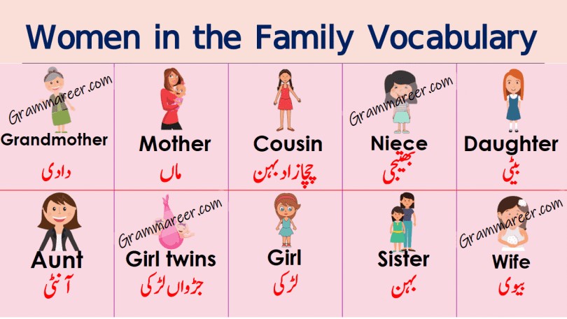 Women in the Family Vocabulary in Urdu or Hindi download PDF learn list of female members name in the family with Urdu and Hindi meanings for enhancing your English vocabulary.