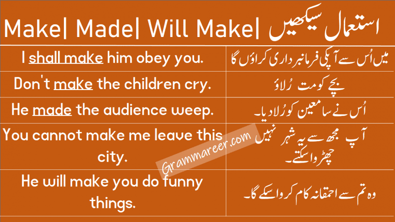 Make, Made, Shall Make, Will Make in Urdu examples sentences of daily use for practice. Use of make, Use of made, Use of shall make, Use of will make, English Grammar Lessons in Urdu, English Grammar PDF, Download English Grammar in Urdu