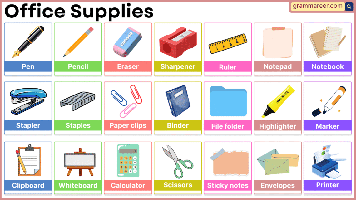 Office supplies names in English with pictures list
