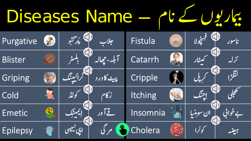 Diseases Names in English With Urdu Meanings, diseases dictionary in Urdu, diseases in Urdu, diseases name list in Urdu and English, diseases names in Urdu, diseases names list Urdu, Diseases vocabulary in Urdu, heza disease in Urdu