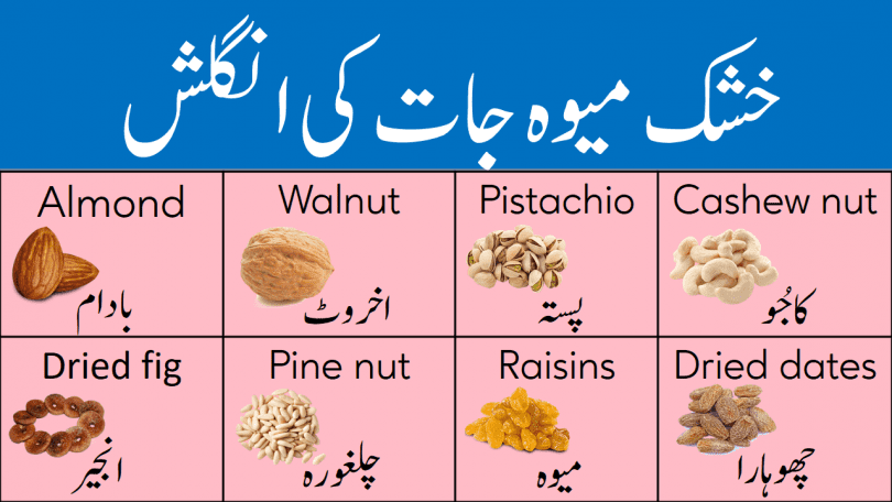 Dry Fruits Vocabulary List with Meanings in Urdu learn common dry fruits names in English and Urdu with pictures list of names of dry fruits in Pakistan and India with their Urdu meanings