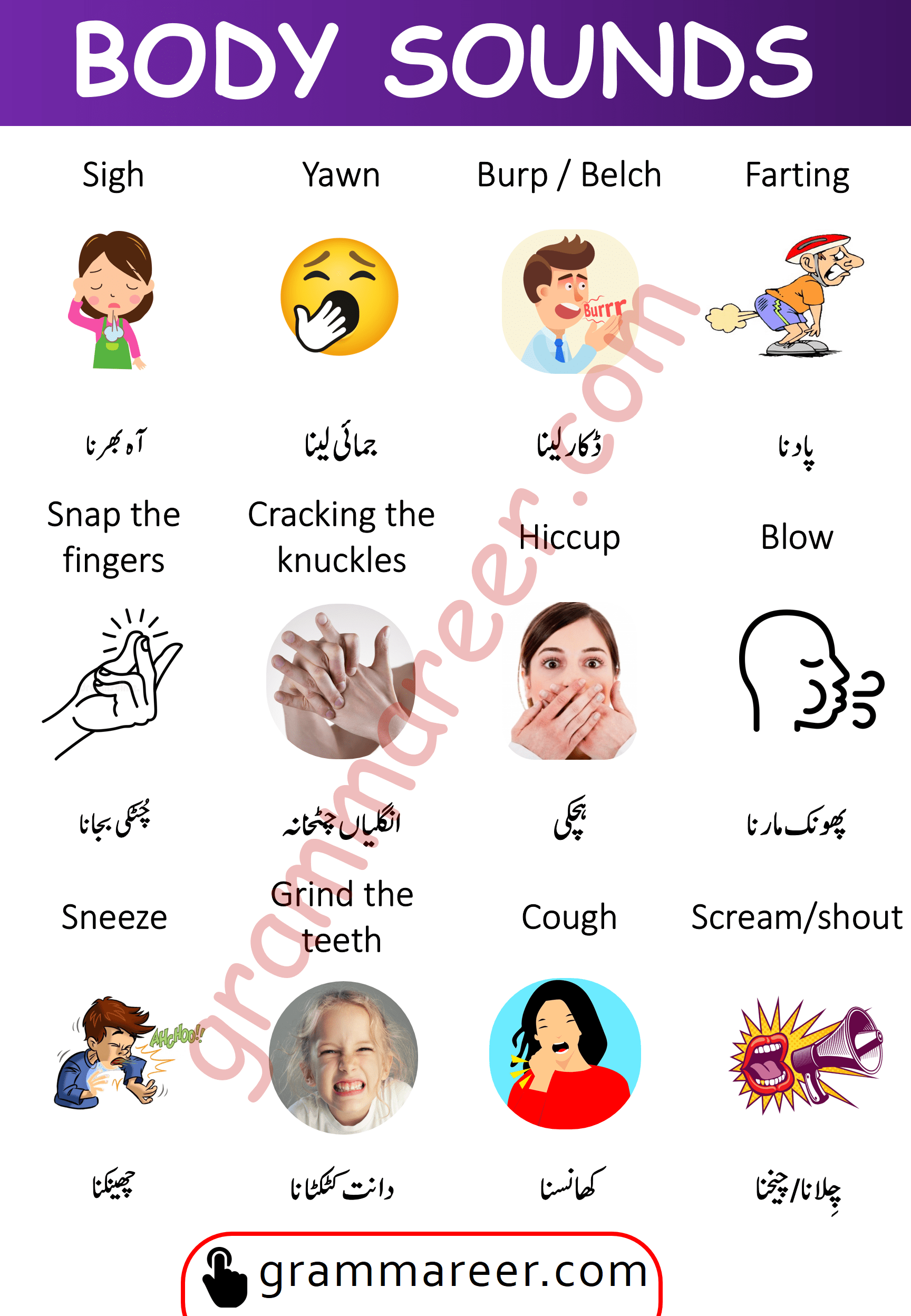 30 Body Sound Words in English with Urdu Meanings Grammareer