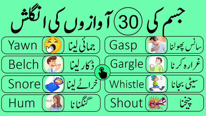 Learn 30 Body Sound Words in English with Urdu Meanings human body produces different types of noises and sounds this lesson is about learning commonly produced sounds by our body with their Urdu meanings