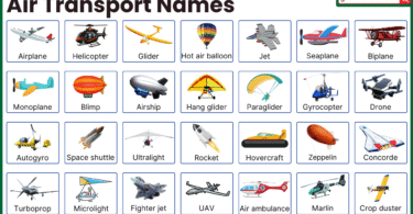 Air transport names in English with images – airplane, helicopter, and hot air balloon