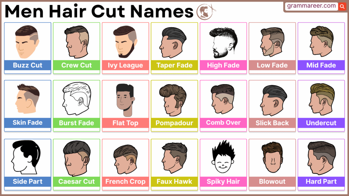 Haircut names for men with examples like fade, crew cut, pompadour - Picture Vocabulary