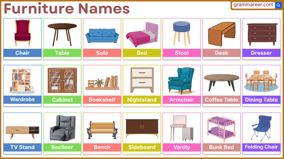 List of furniture names for different rooms and uses