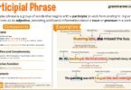 Student writing participle phrase examples in an English grammar