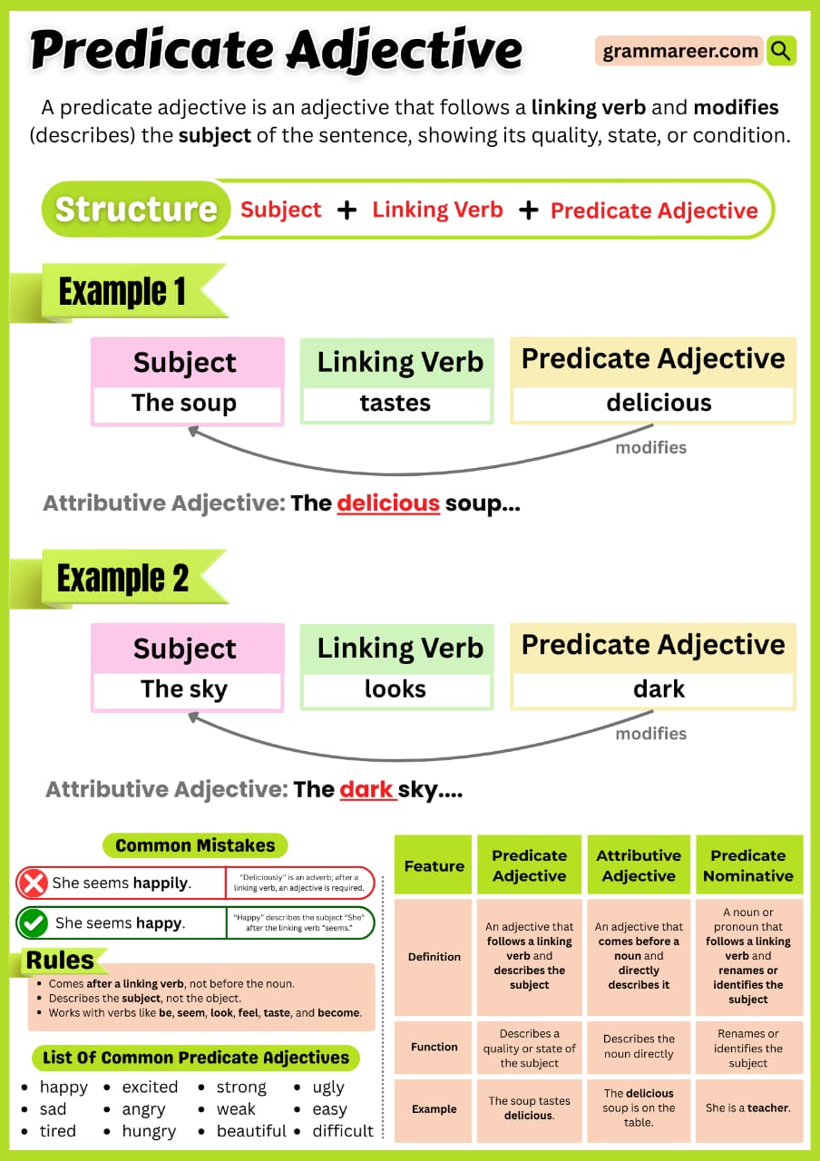 Learn the definition of predicate adjectives with a list and examples for easy understanding.