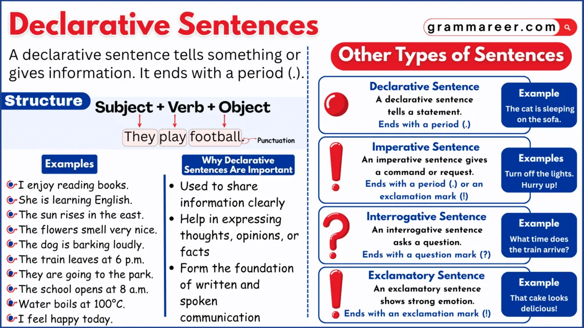 Declarative sentence types with correct and incorrect examples
