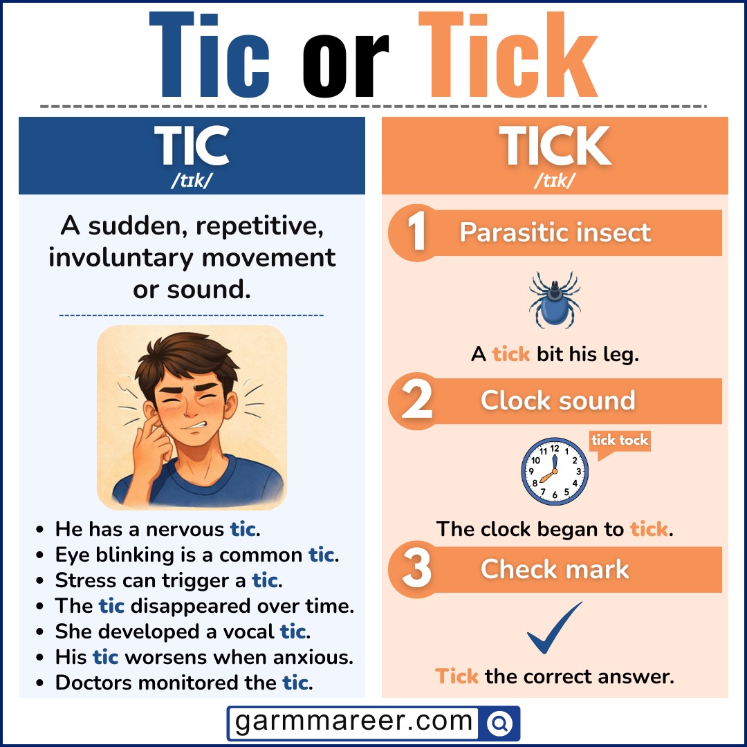 Examples of tic and tick in sentences with visual icons